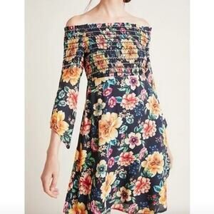 Farm Rio Floral Smocked Off The Shoulder Bell Sleeve Sasha Mini Dress, Size XS